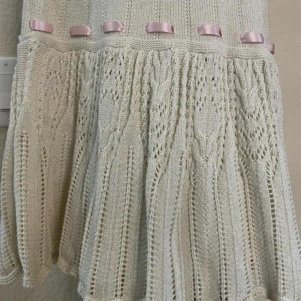 American Girl Sparkle Ivory woven Sz 10 dress A cutie pink brooch & woven ribbon